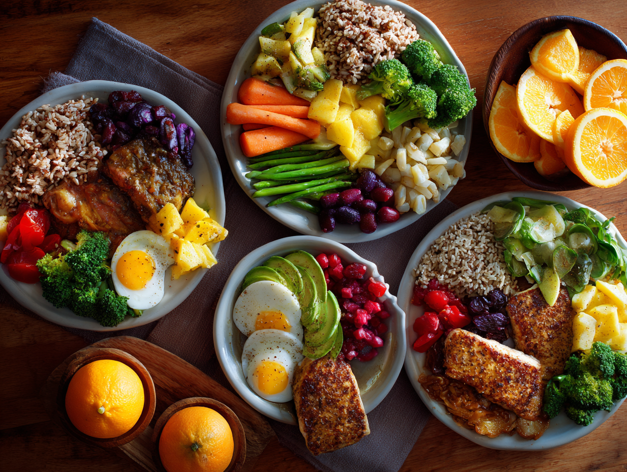 Mese sănătoase și colorate pe o masă din lemn