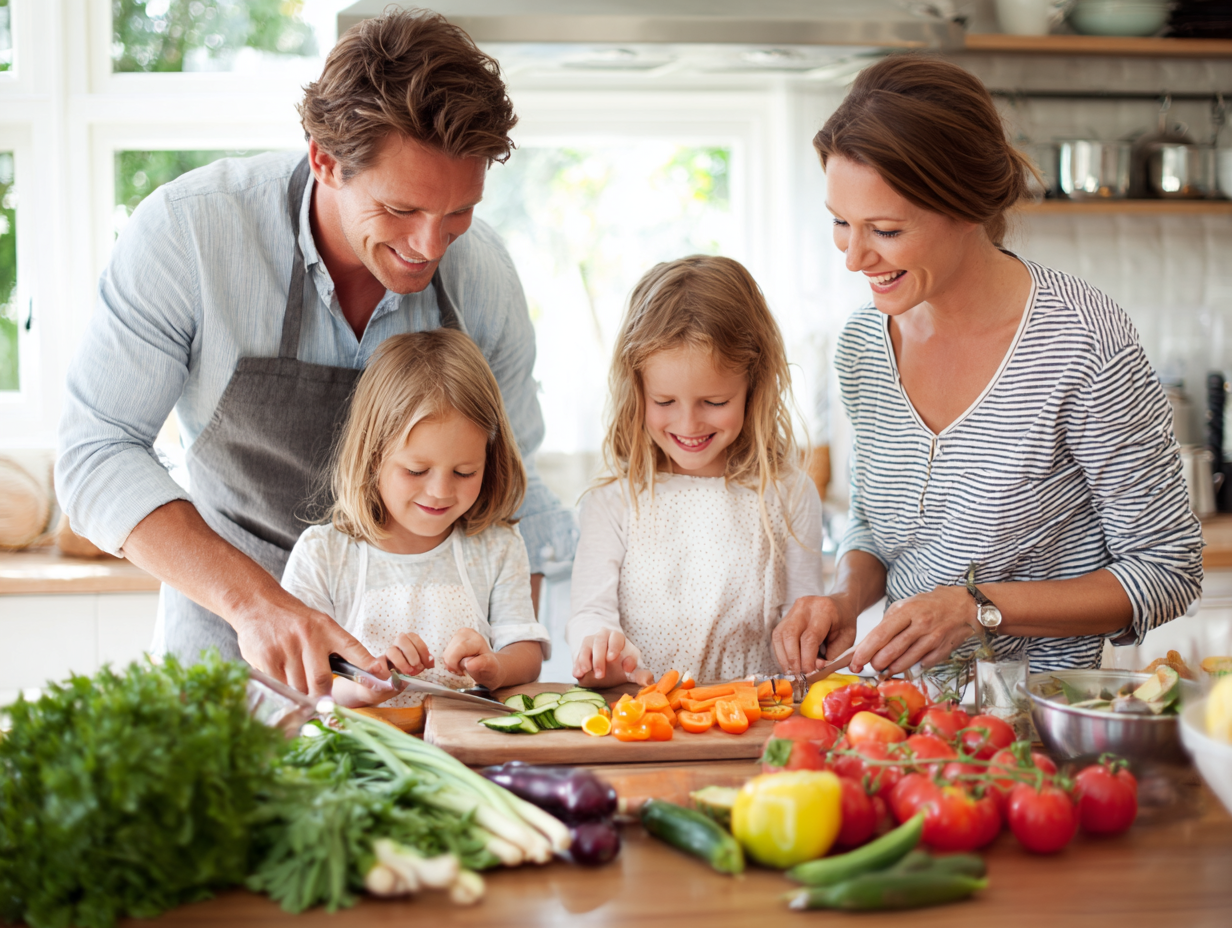 Familie gătind împreună într-o bucătărie luminoasă